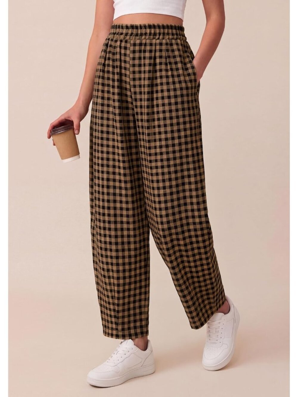 Women's Black Khaki Plaid Casual Loose Wide Leg Spring Fashion Beach Bottoms - Picture 3 of 5